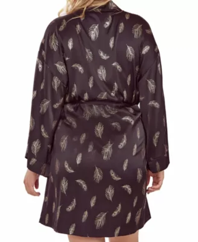 iCollections Plus Womans Silky Self Tie Robe Feather Print