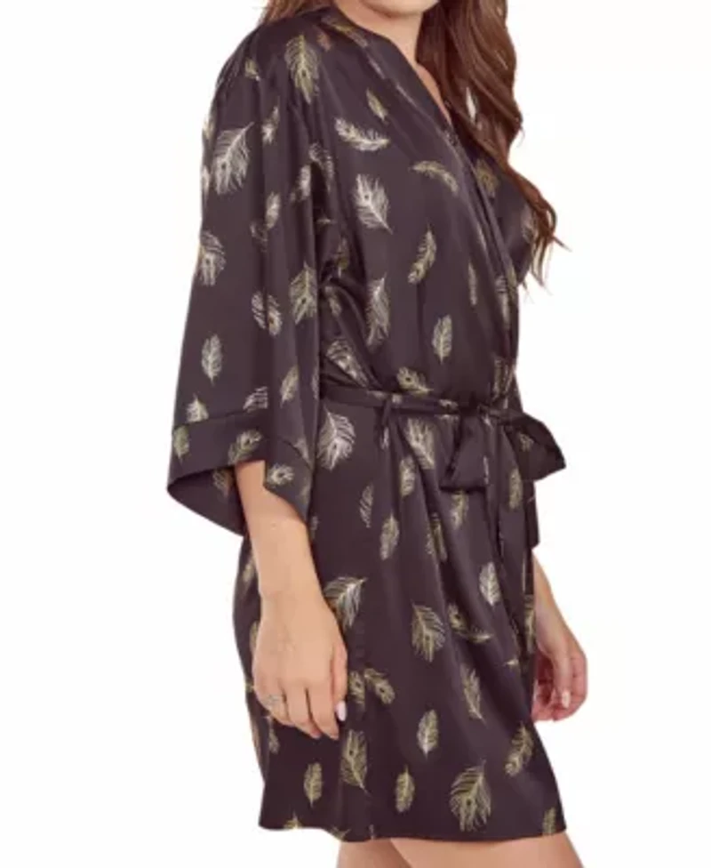 iCollections Plus Womans Silky Self Tie Robe Feather Print