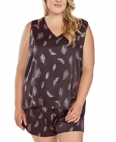 iCollections Plus Womans Silky Tank Pajama Set Feather Print