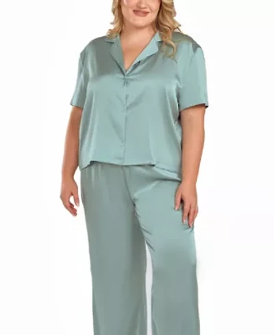 Women's Plus Satin Notch Shirt and Pant PJ Set
