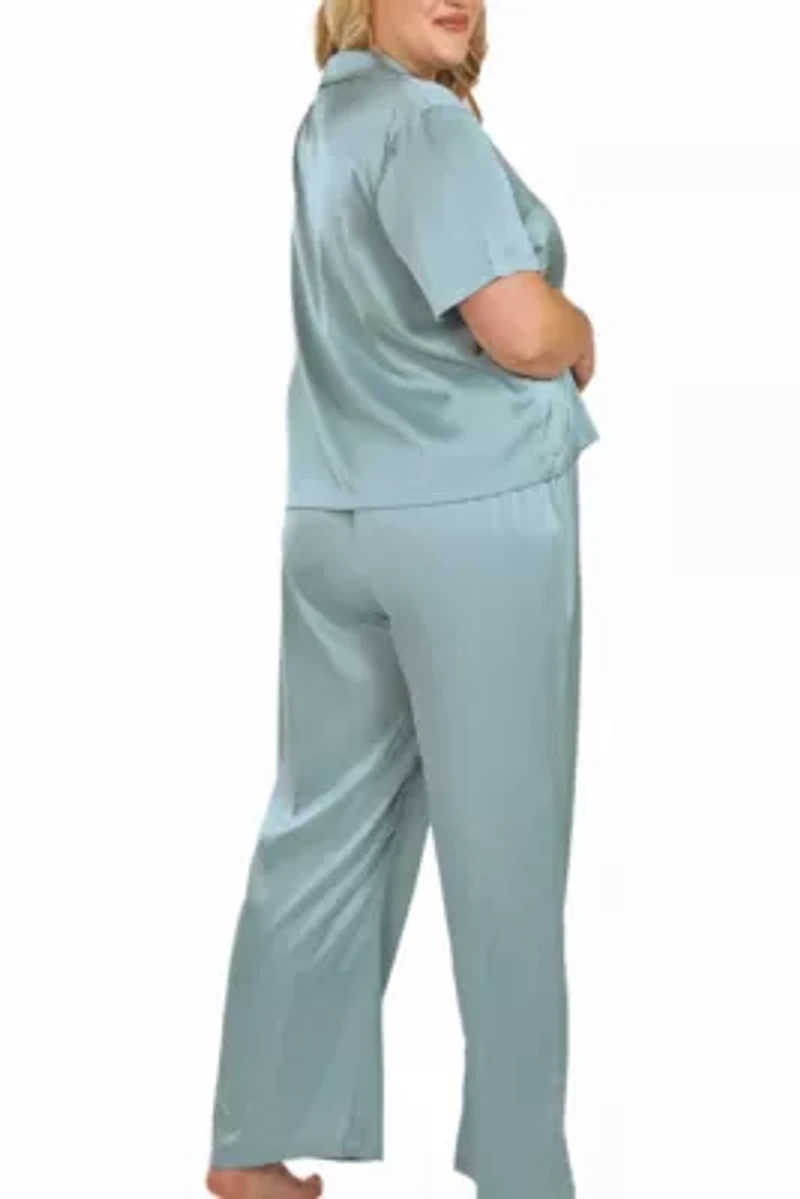 Women's Plus Satin Notch Shirt and Pant PJ Set