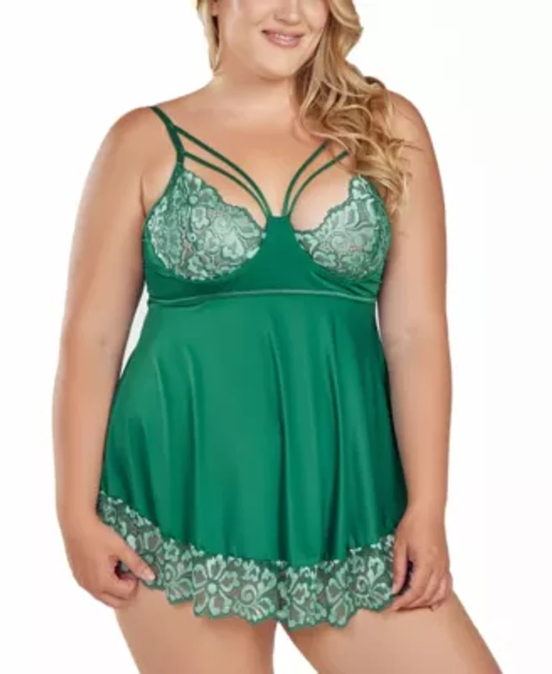 Plus Cross Dye Strappy Lace Cup Babydoll Lingerie Set