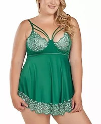 Plus Cross Dye Strappy Lace Cup Babydoll Lingerie Set