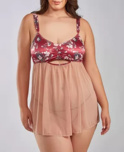 Stormi Plus Mesh and Smooth Micro Floral Soft Bra Babydoll with Matching Panty.