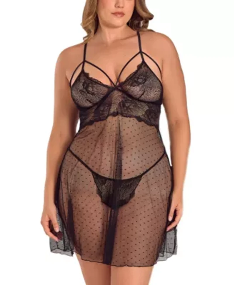 Womens Plus Lace and Dotted Mesh Babydoll Lingerie Set