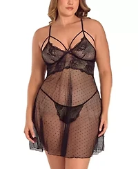 Womens Plus Lace and Dotted Mesh Babydoll Lingerie Set