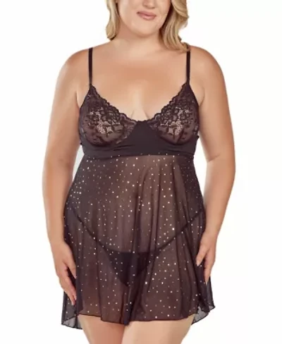 Plus Women's 2PC Glitter and Lace underwire Cup Babydoll Panty Lingerie Set