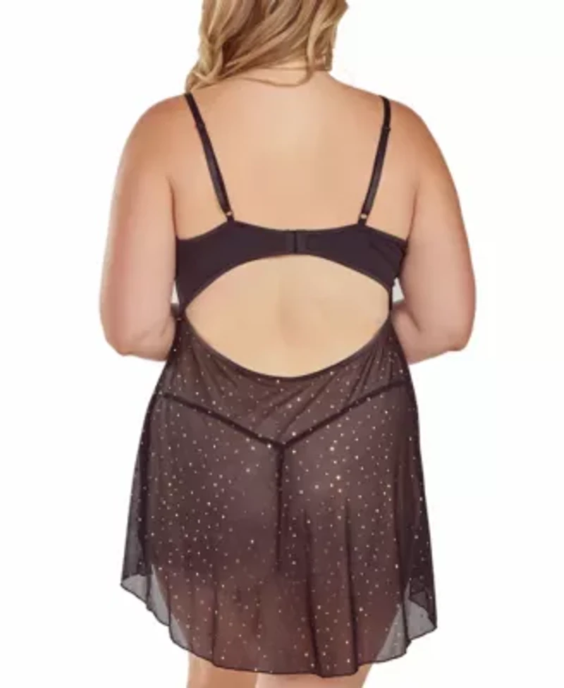 Plus Women's 2PC Glitter and Lace underwire Cup Babydoll Panty Lingerie Set
