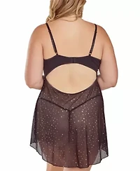 Plus Women's 2PC Glitter and Lace underwire Cup Babydoll Panty Lingerie Set