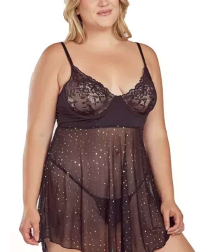 Plus Women's 2PC Glitter and Lace underwire Cup Babydoll Panty Lingerie Set