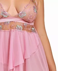 Women's Plus Sheer Embroidered Bodice Babydoll Lingerie Set
