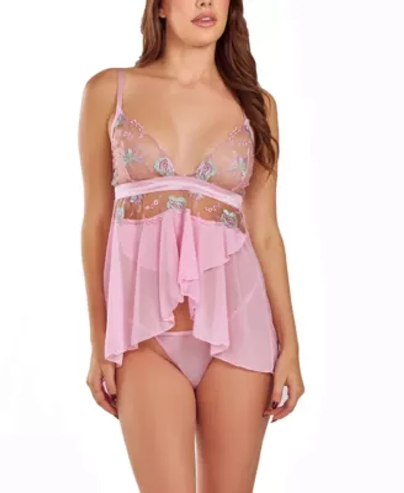 Women's Sheer Embroidered Bodice Babydoll Lingerie Set