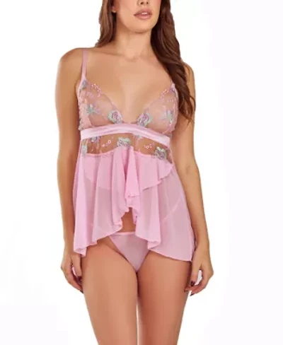 Women's Sheer Embroidered Bodice Babydoll Lingerie Set