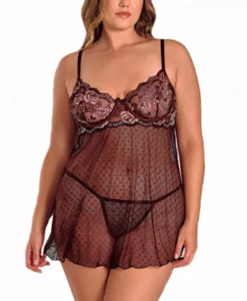 Womens Plus Lace and Dotted Mesh Babydoll Lingerie Set