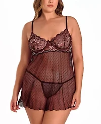 Womens Plus Lace and Dotted Mesh Babydoll Lingerie Set