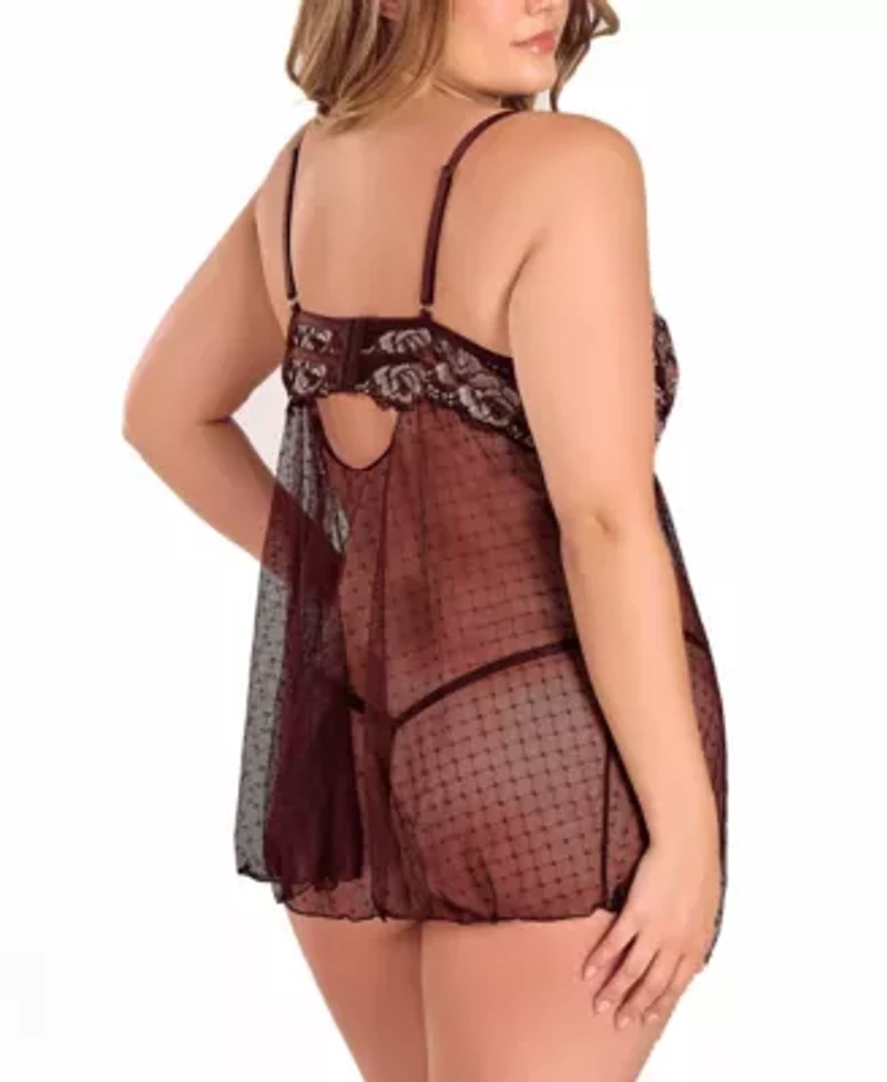 Womens Plus Lace and Dotted Mesh Babydoll Lingerie Set