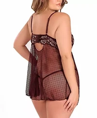 Womens Plus Lace and Dotted Mesh Babydoll Lingerie Set