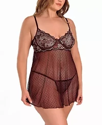Womens Plus Lace and Dotted Mesh Babydoll Lingerie Set