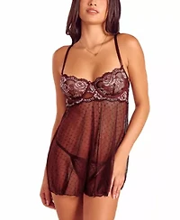 Womens Lace and Dotted Mesh Babydoll Lingerie Set