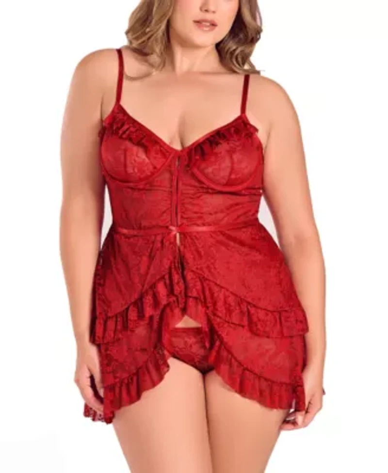 Womens Plus Multi Ruffled Lace Babydoll Lingerie Set