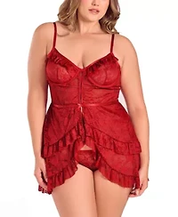 Womens Plus Multi Ruffled Lace Babydoll Lingerie Set