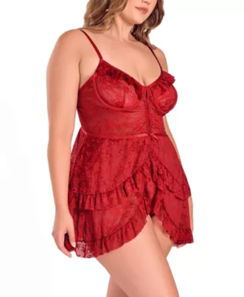 Womens Plus Multi Ruffled Lace Babydoll Lingerie Set
