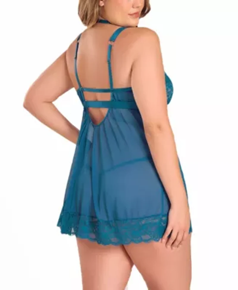 Womens Plus Wide Strap Mixed Lace Babydoll Lingerie Set