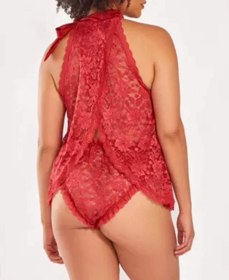 Women's Plus 2 PC Lace Halter Babydoll and Ruffel Panty Set