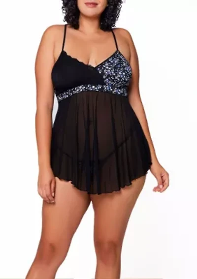 Willow Plus Soft Cup Asymmetrical Lace, Mesh & Micro Bbydoll and Panty Set, Skirts is Slightly Lower the back with Adjustable Straps