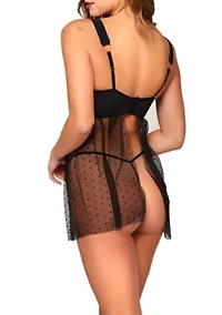 Tatum Soft Cup Dotted Mesh Bbydoll with Ringed Hardware, Fly Away Back and Matching Panty