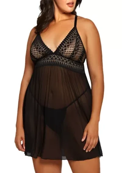 Plus Soft Cup Lace Babydoll Lingerie Set