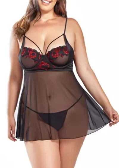 Plus Women's 2PC Red Floral Embroidered Underwire Cup Babydoll and Thong Lingerie Set