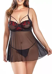 Plus Women's 2PC Red Floral Embroidered Underwire Cup Babydoll and Thong Lingerie Set