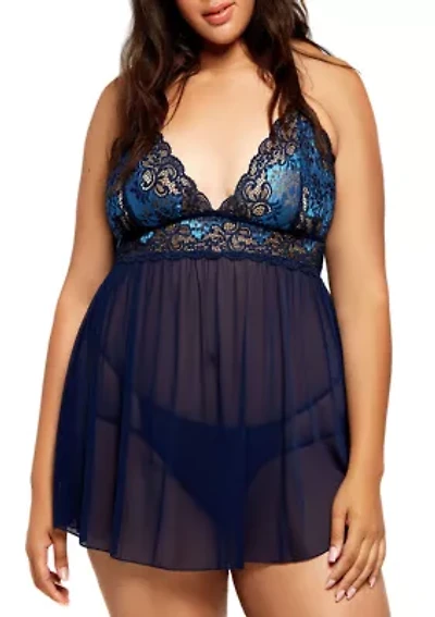 Plus Soft Cup Lace Mesh Babydoll Lingerie Set