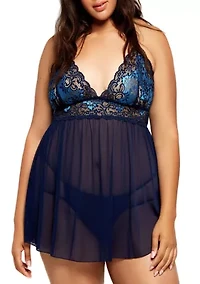 Plus Soft Cup Lace Mesh Babydoll Lingerie Set