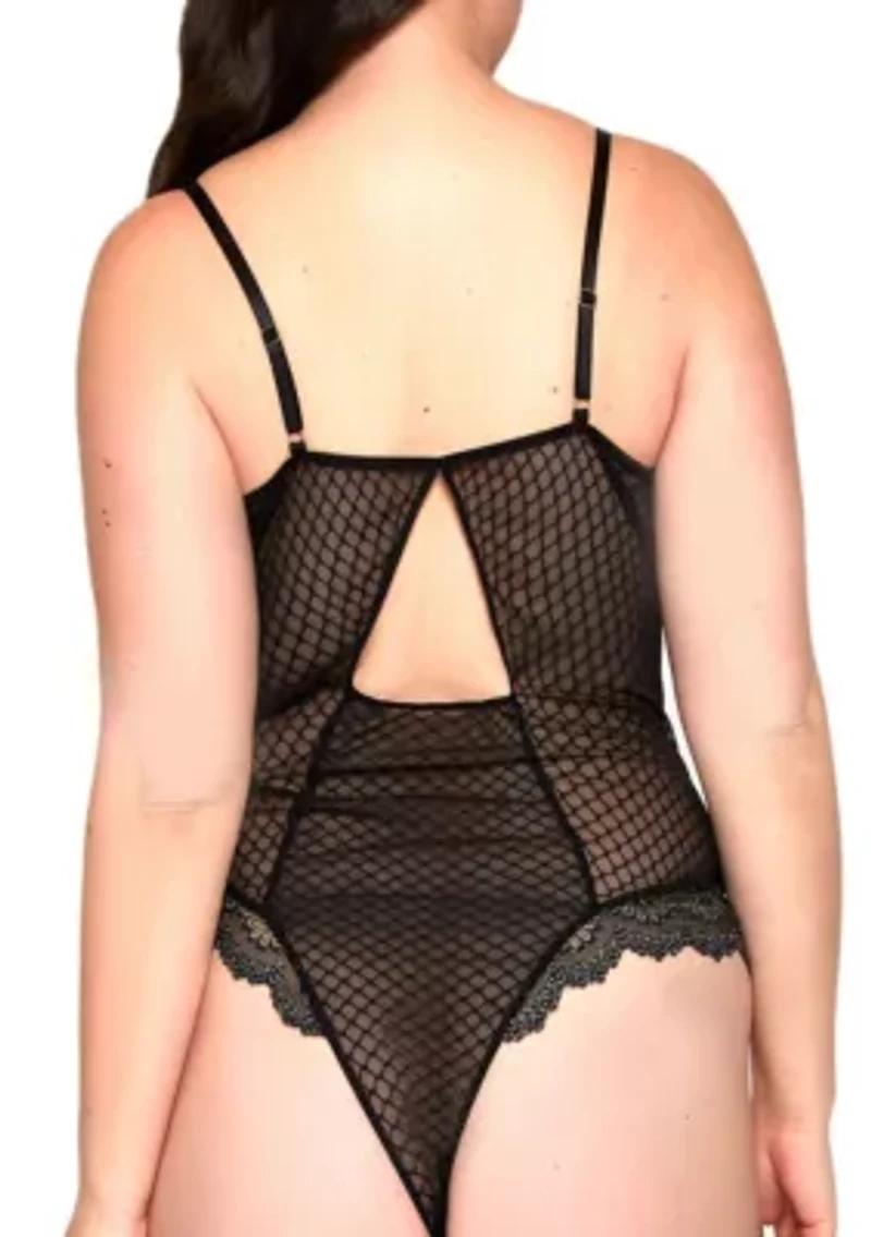 Regina Plus Lace, Diamond Mesh & Satin Teddy with Metallic Silver Threading, Keyhole Back and Adjustable Straps.