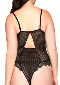 Regina Plus Lace, Diamond Mesh & Satin Teddy with Metallic Silver Threading, Keyhole Back and Adjustable Straps.