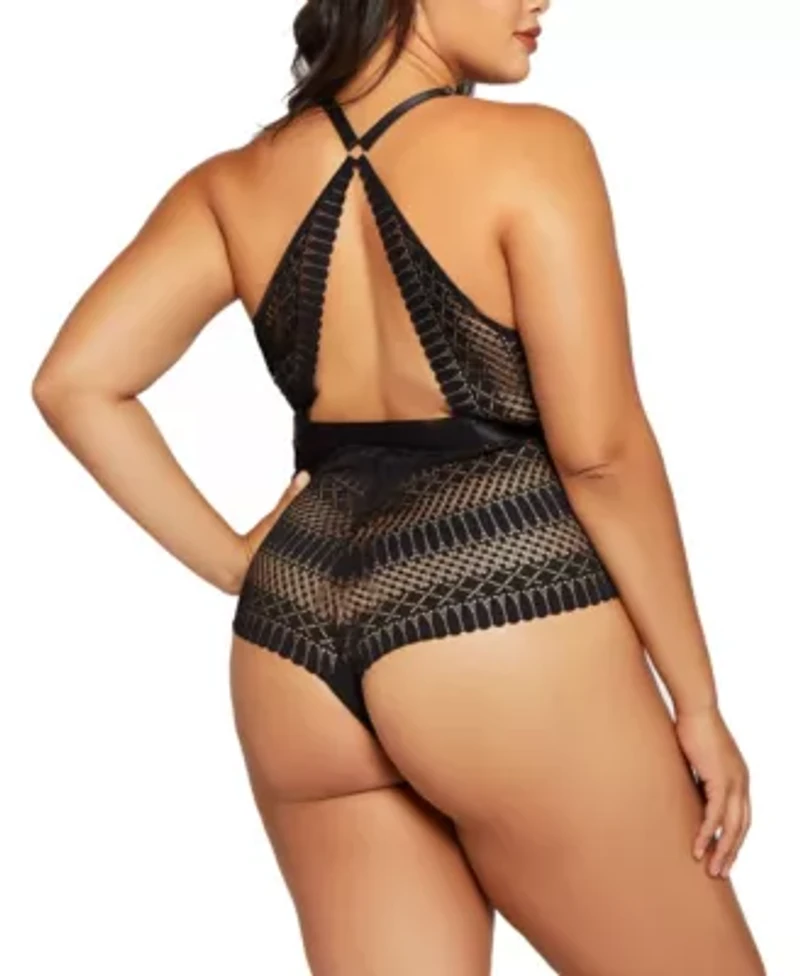 Plus Halter Lace Bodysuit W/ Open Back Lingerie