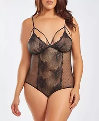 Womens Plus Lace and Dotted Mesh Bodysuit Lingerie