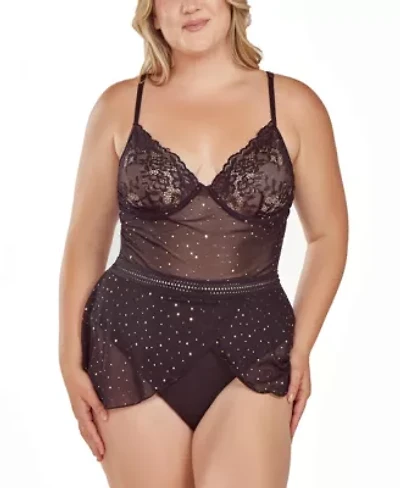 Plus Women's 1PC Underwire Glitter and Lace Bodysuit Lingerie
