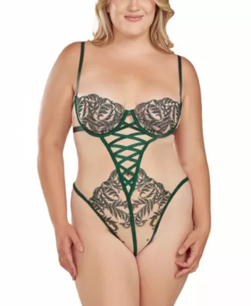 iCollection Plus Womans 1PC Green Embroidered Mesh Underwire Lingerie Bodysuit