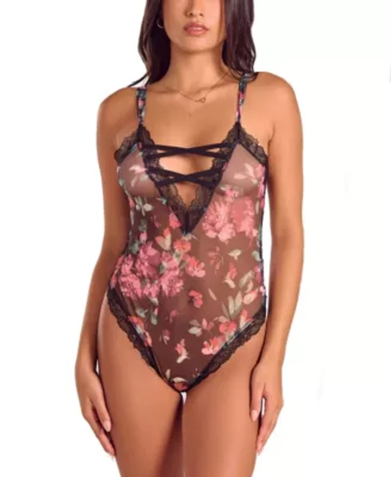 Women's Floral Lace Up Bodysuit Lingerie