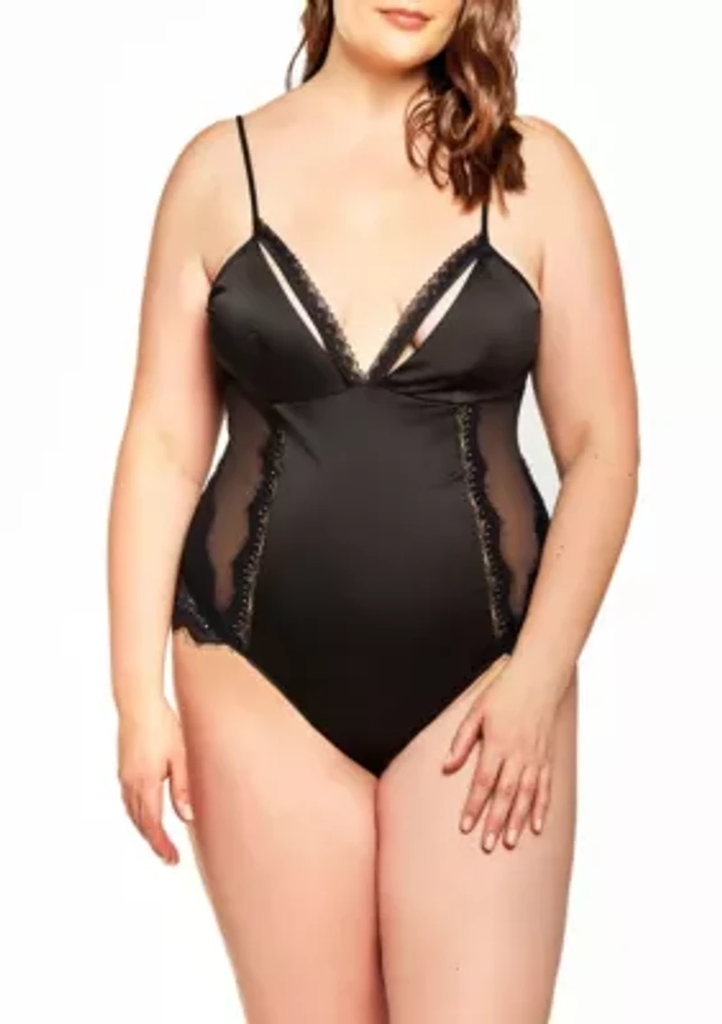 Freya Plus Soft Cup Satin & Mesh Teddy W/ Lacey Strapped Neckline, All Over Lace and Panels with Scoop open Back Adjustable Straps