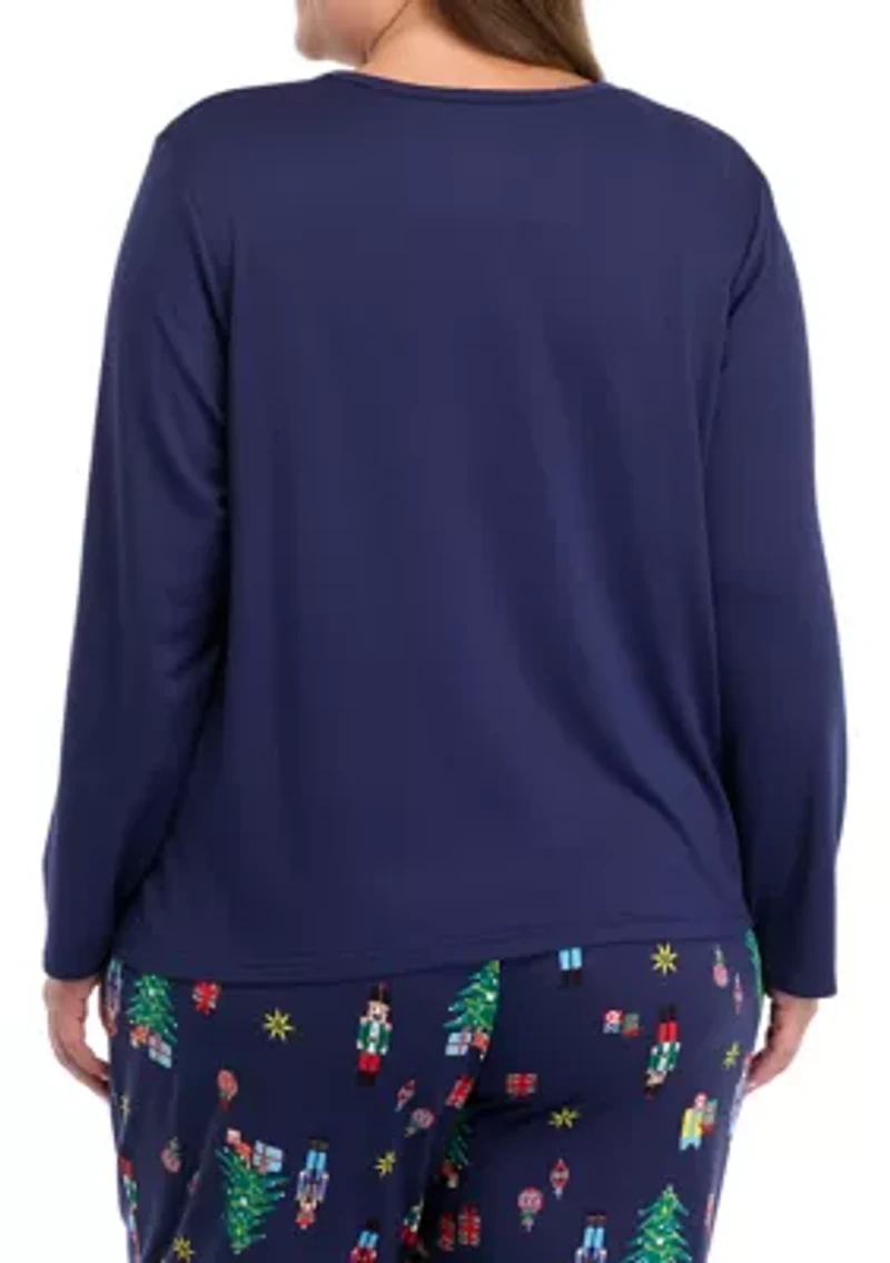 Plus Nutcracker Solid Long Sleeve Pajama Top