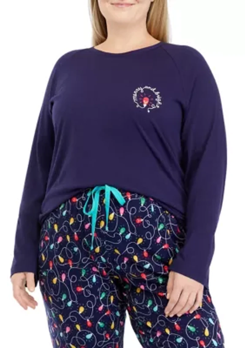 Plus Navy Lights Long Sleeve Crew Neck Pajama Top