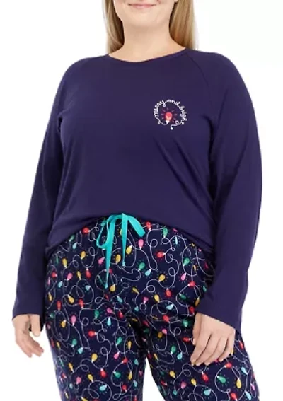 Plus Navy Lights Long Sleeve Crew Neck Pajama Top