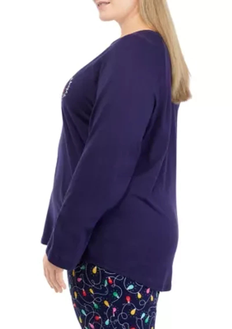 Plus Navy Lights Long Sleeve Crew Neck Pajama Top