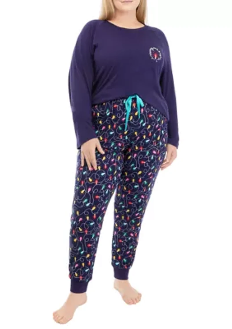 Plus Navy Lights Long Sleeve Crew Neck Pajama Top
