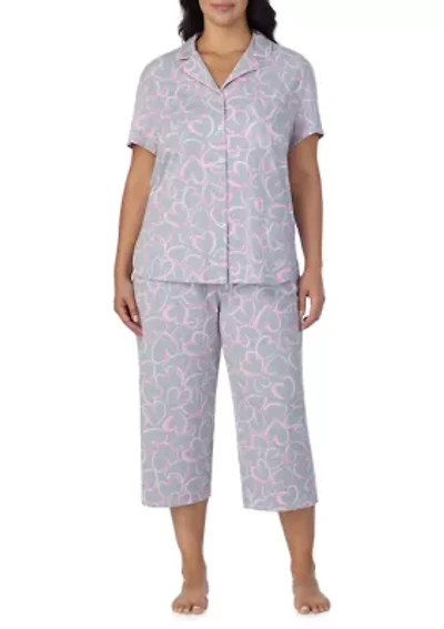 Plus Short Sleeve Printed Cropped Pajama Set