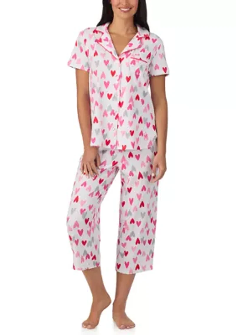Women's Short Sleeve Notch Collar Cropped Pajama Set